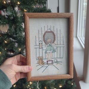 Framed Vintage Cross-Stitch Art with Girl and Teddy bear